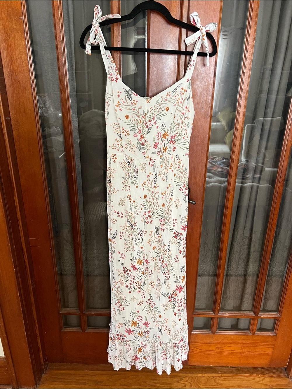 Rachel Zoe Cream Floral Tie-Shoulder Maxi Dress with Pink & Green Accents